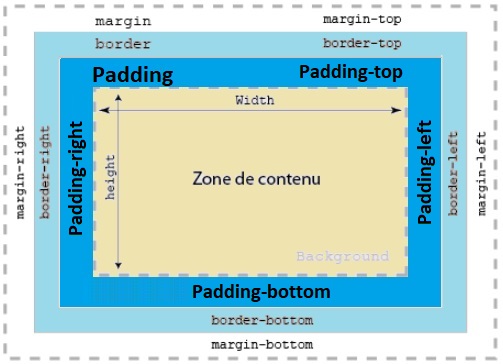 Dans le modèle des feuilles de style, tous les éléments d'une page HTML se coulent dans des blocs (ou «boîtes») rectangulaires. Un bloc typique est représenté ci-dessous :