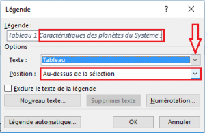 tableau Word légende