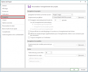 MS project options d'enregistrement