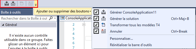 Visual Studio: Les barres d'outils