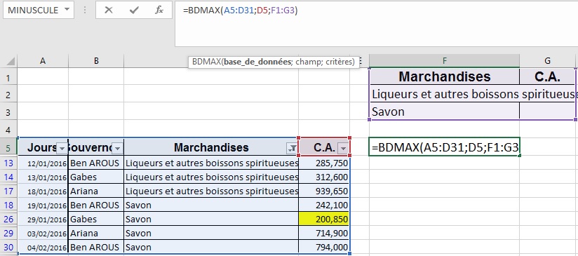 La fonction BDMAX Microsoft Excel
