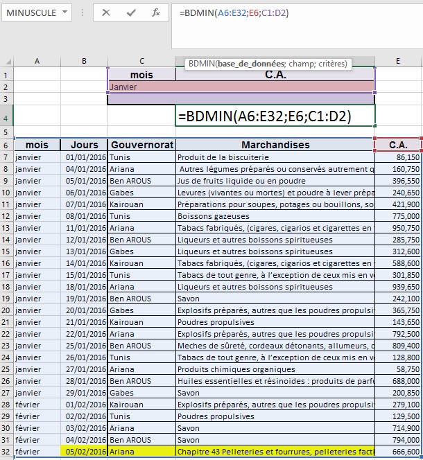 La fonction BDMIN Microsoft Excel