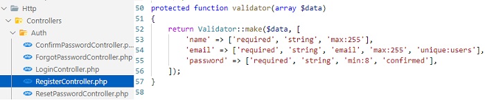 Modifier les règles de validation d'Authentification Laravel