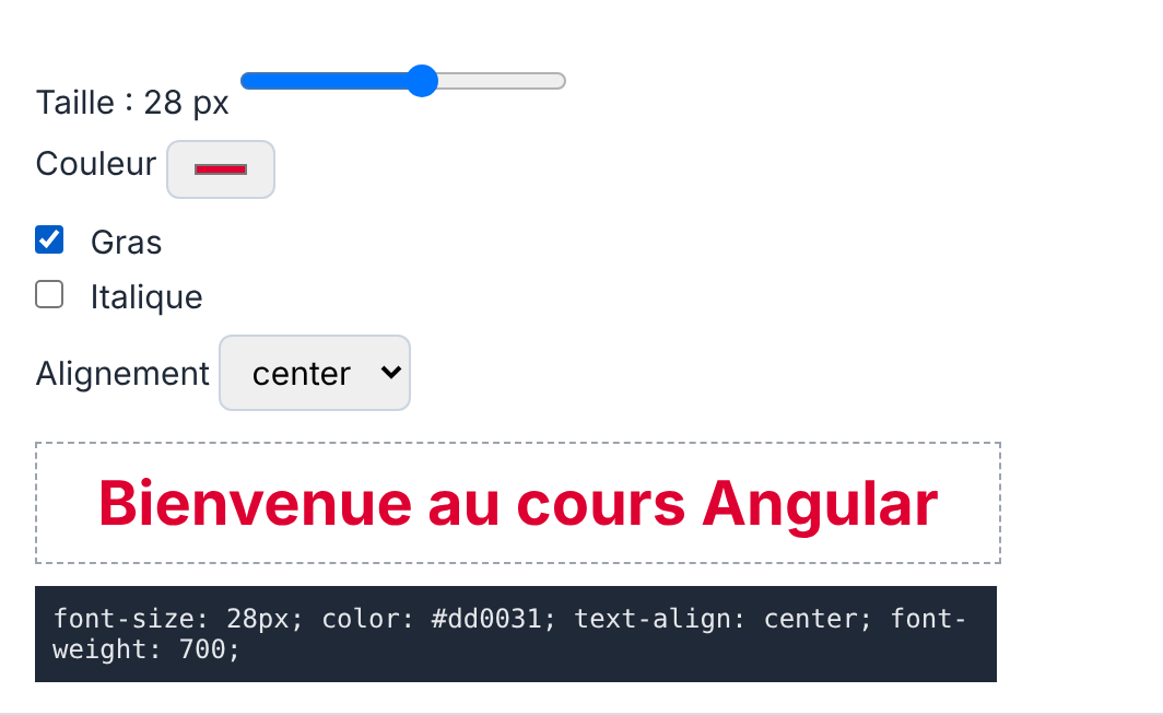 Résultat attendu de l'activité 2 : taille 28, rouge, gras, centré