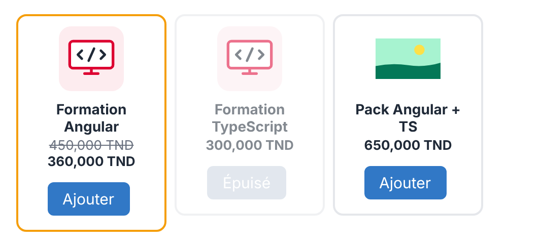 Résultat attendu de l'activité 4 : trois cartes produit