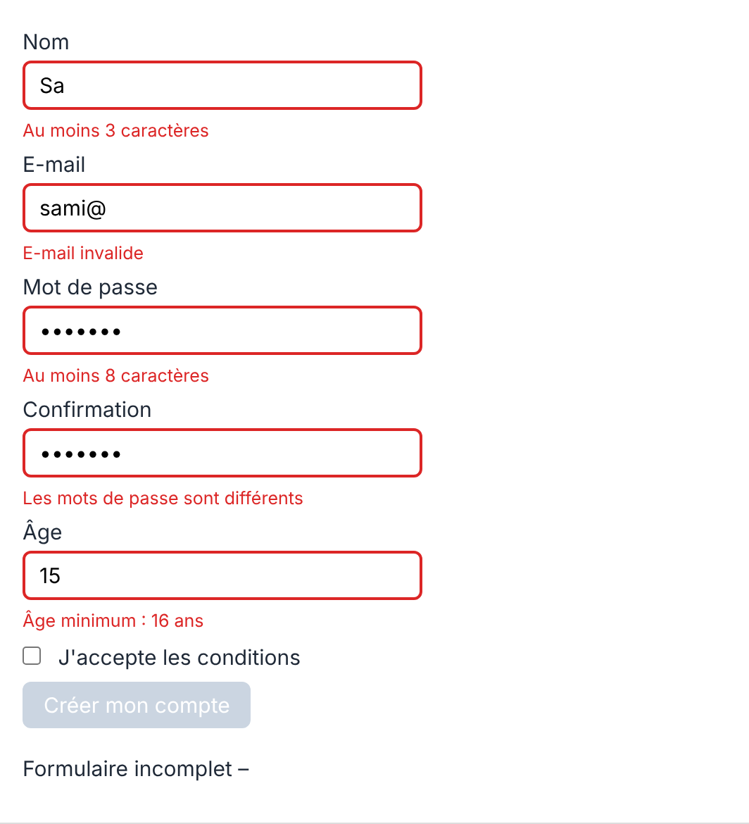 Résultat attendu de l'activité 5 avec des saisies invalides