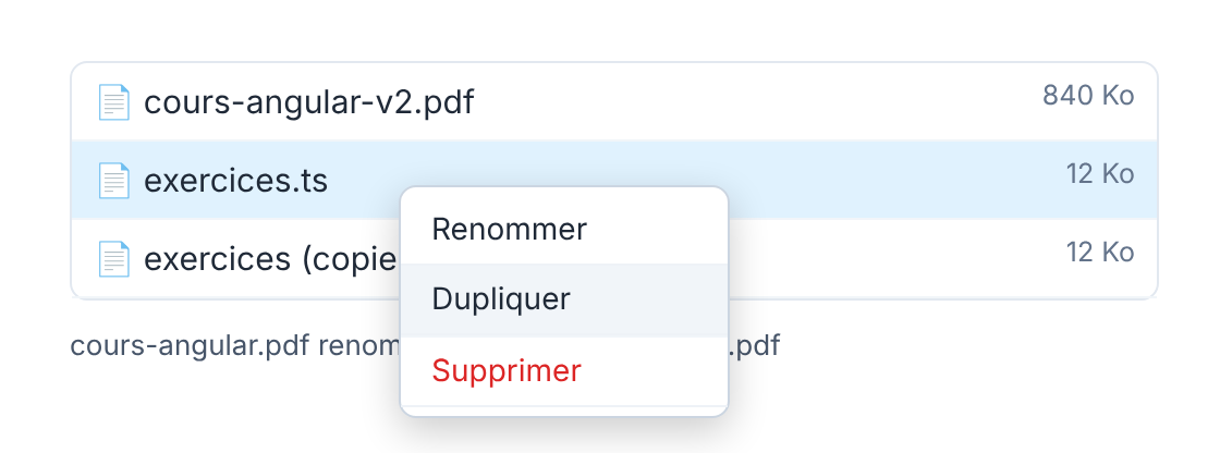 Résultat attendu de l'activité 3 : menu ouvert sur exercices.ts