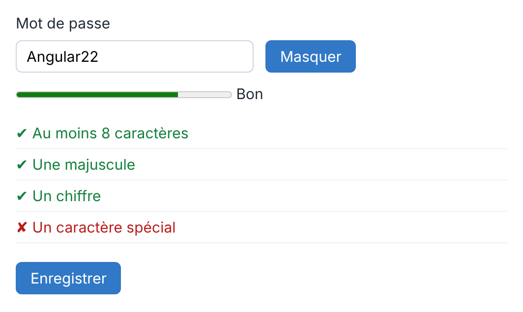 Résultat attendu de l'activité 2 avec le mot de passe Angular22 affiché