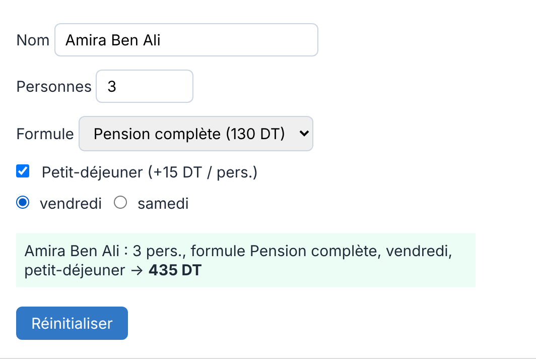 Résultat attendu de l'activité 4 : 3 personnes en pension complète avec petit-déjeuner