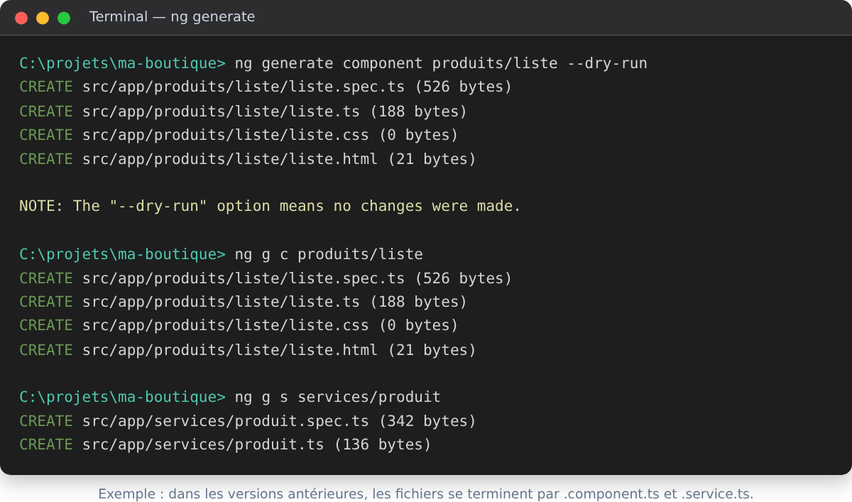 Génération d'un composant et d'un service avec ng generate