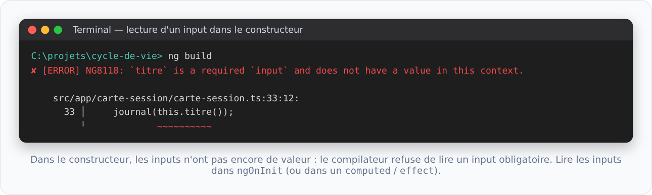 Erreur Angular NG8118 : lecture d'un input obligatoire dans le constructeur
