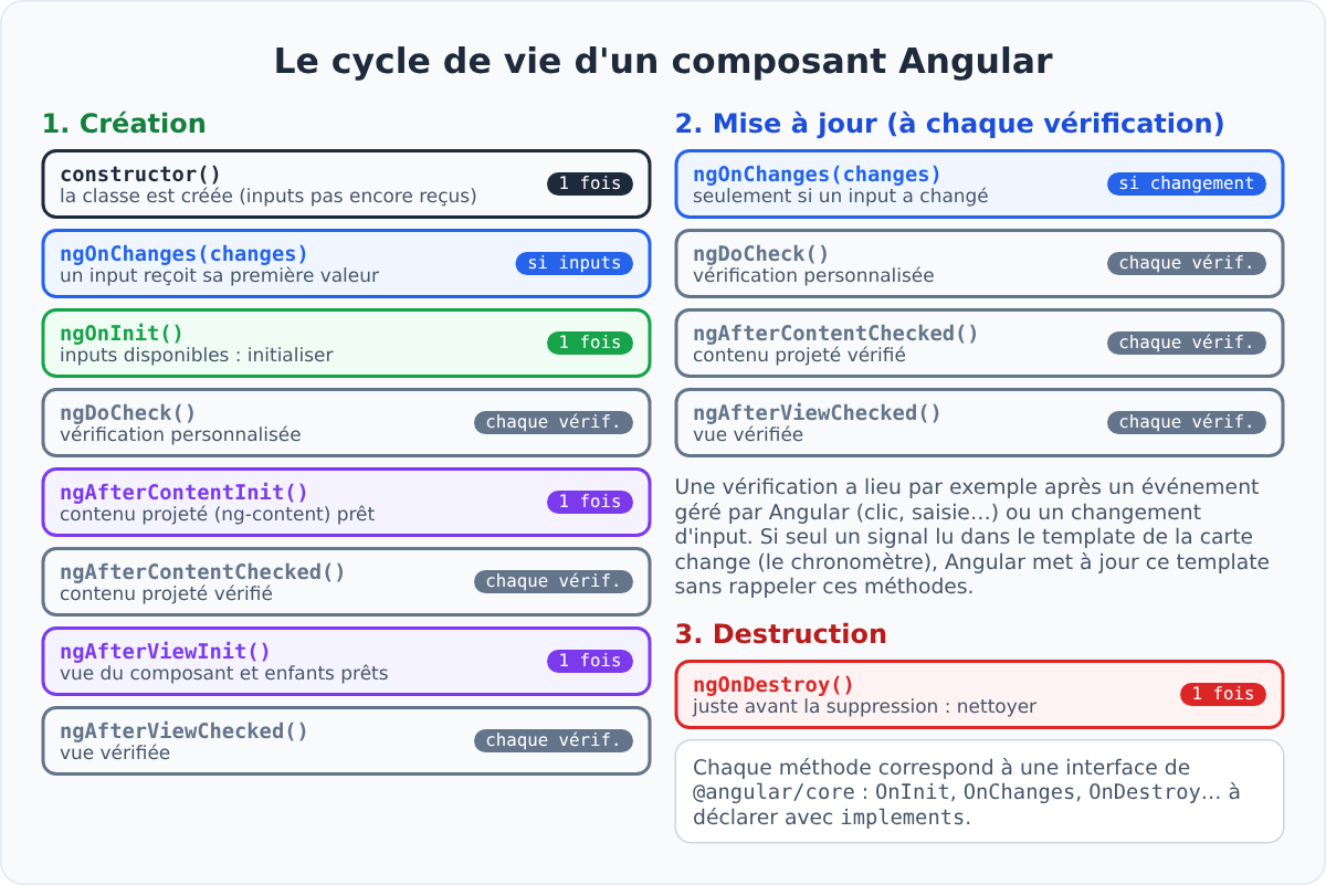 Schéma du cycle de vie d'un composant Angular : création, mise à jour et destruction