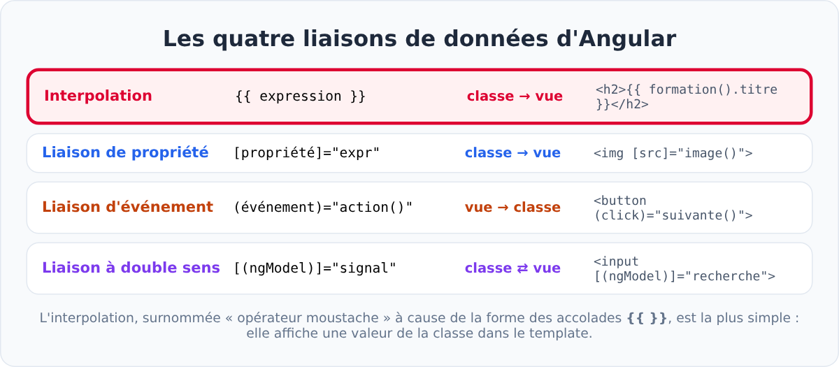 Les quatre liaisons de données d'Angular : interpolation, propriété, événement, double sens
