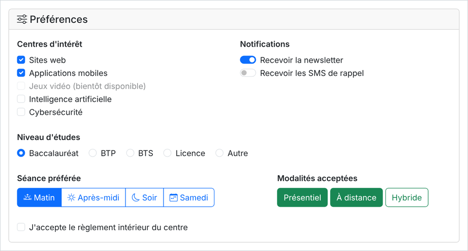 Résultat attendu de la partie 03 : cases à cocher, radios en ligne, interrupteurs et boutons bascules