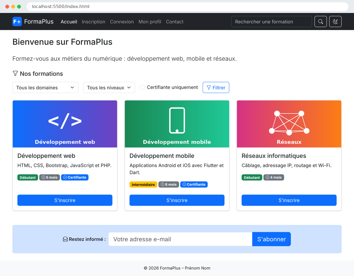 Résultat attendu de la partie 05 : page d'accueil avec recherche, filtres en ligne, cartes et newsletter