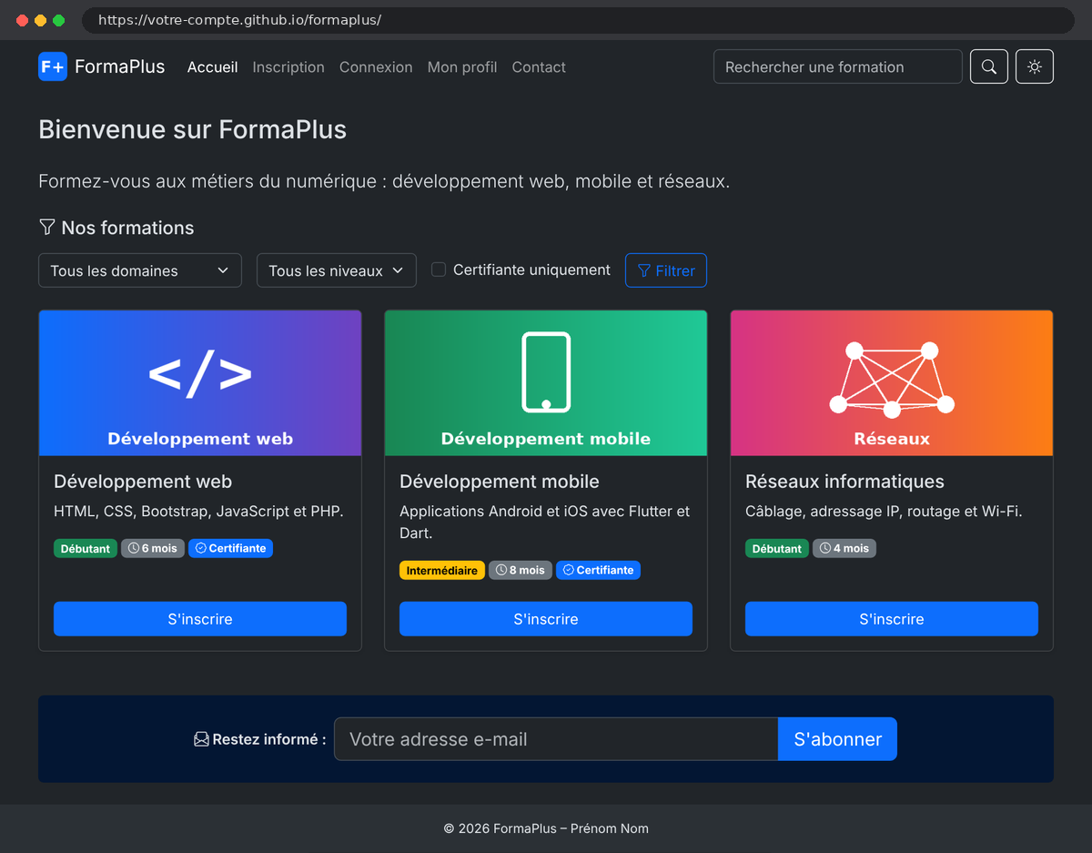 Résultat attendu de la partie 09 : site FormaPlus en mode sombre publié sur GitHub Pages