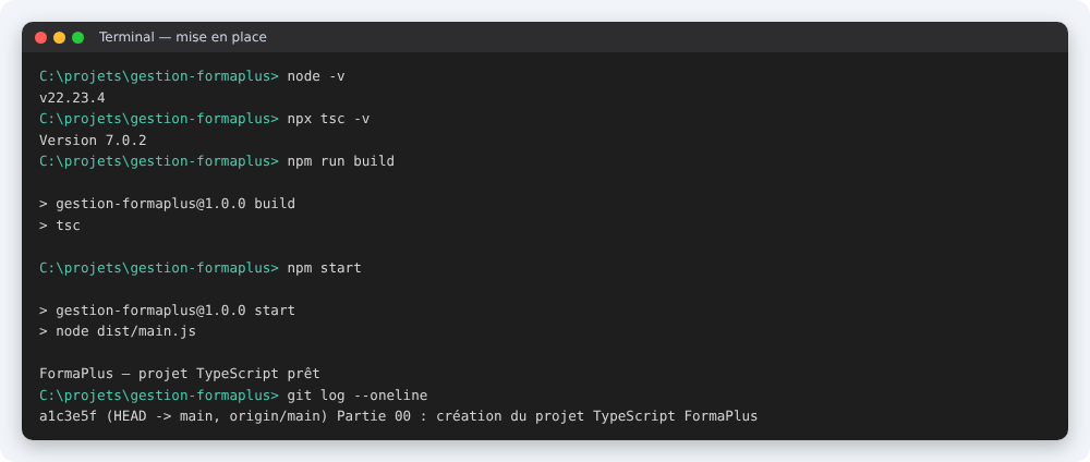 Résultat attendu à la fin de la partie 00 du TP TypeScript