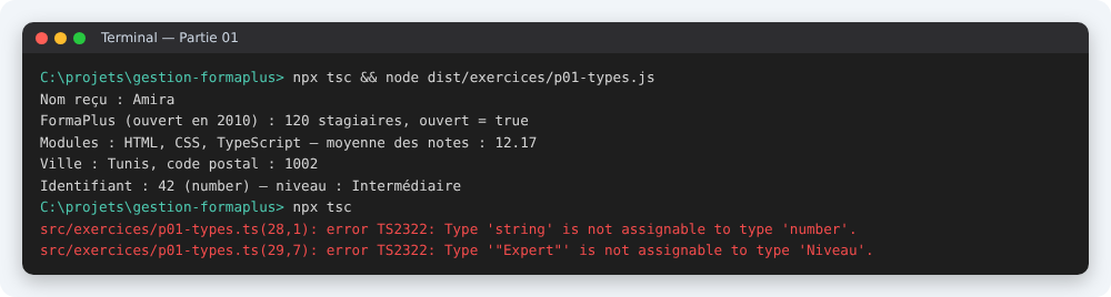Résultat attendu à la fin de la partie 01 du TP TypeScript