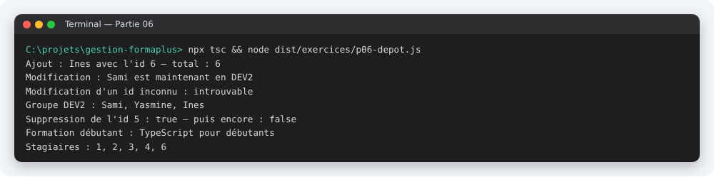 Résultat attendu à la fin de la partie 06 du TP TypeScript